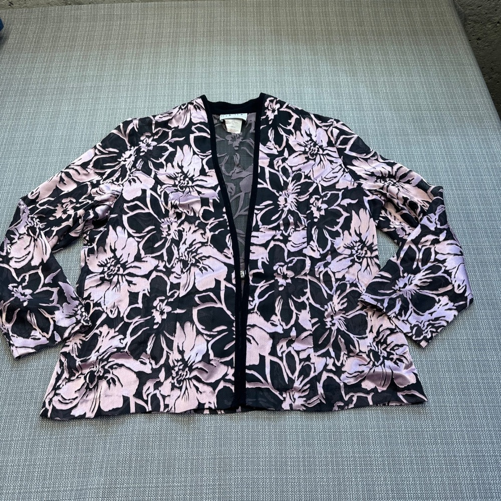 Vintage Fairy Grunge Burnout Jacket Blazer 16 Open Front Floral Mesh Pink Black